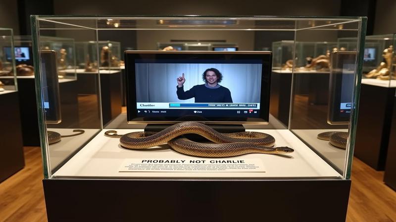 A museum display case holding a paused video frame labeled Probably Not Charlie, guarded by a bored security snake coiled around a social media Terms of Service.