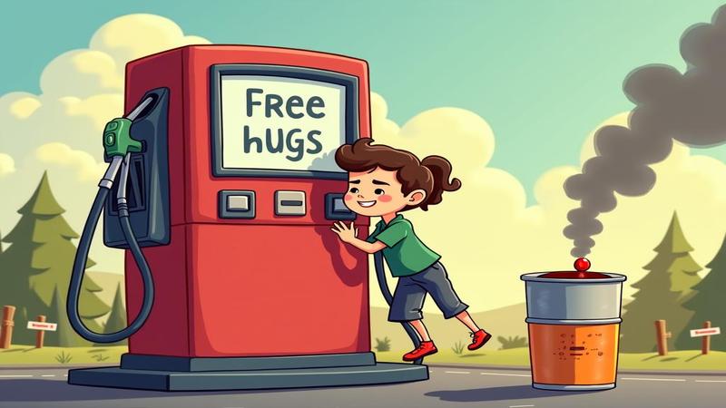 Government PSA featuring a cartoon gas pump offering free hugs amid smoky fumes and a dancing can of oil.