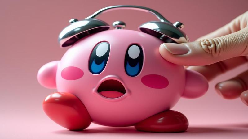 Close-up of a pink Kirby-themed alarm devouring a snooze button as a terrified hand hovers.