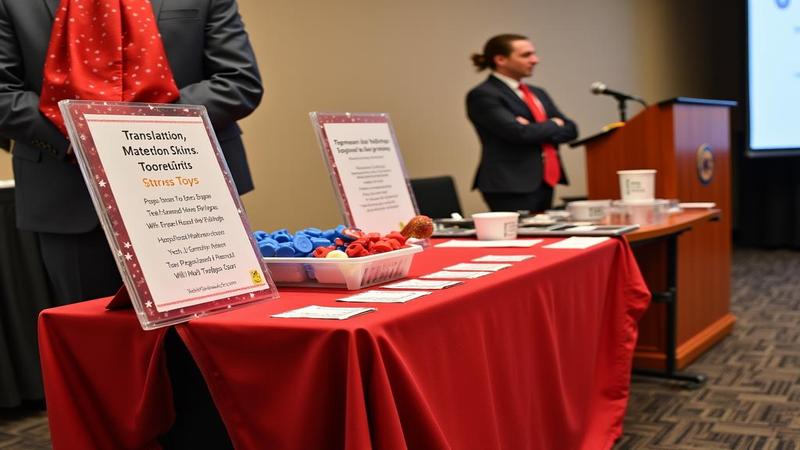 Translation booths stocked with espresso shots, stress toys, and earplugs, while a red tie flaps from a podium like a warning flag.