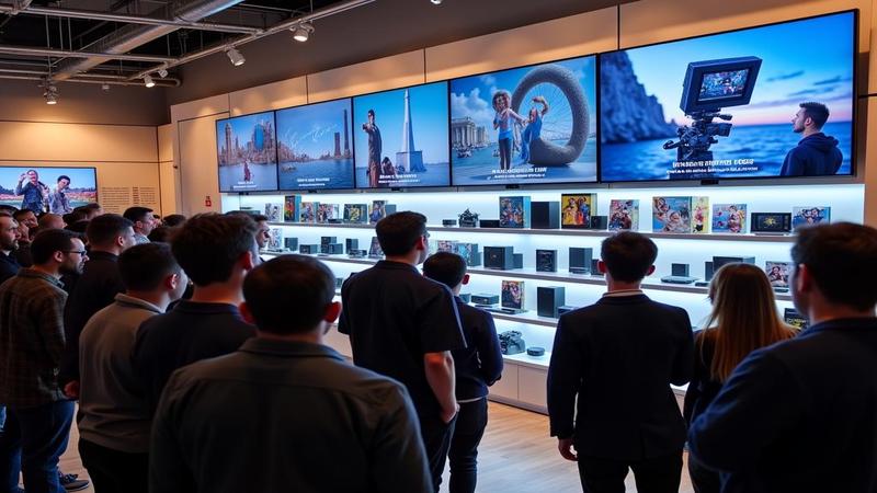 A crowd eyes a store display featuring streaming gear, a wall of subscription tiers, and a disappointed remote.