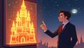 Crunchyroll CEO triumphantly pointing at a glowing castle-shaped box office chart while a bewildered moon peeks from behind a movie poster.