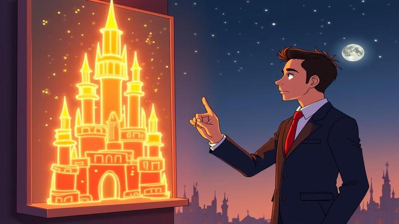 Crunchyroll CEO triumphantly pointing at a glowing castle-shaped box office chart while a bewildered moon peeks from behind a movie poster.