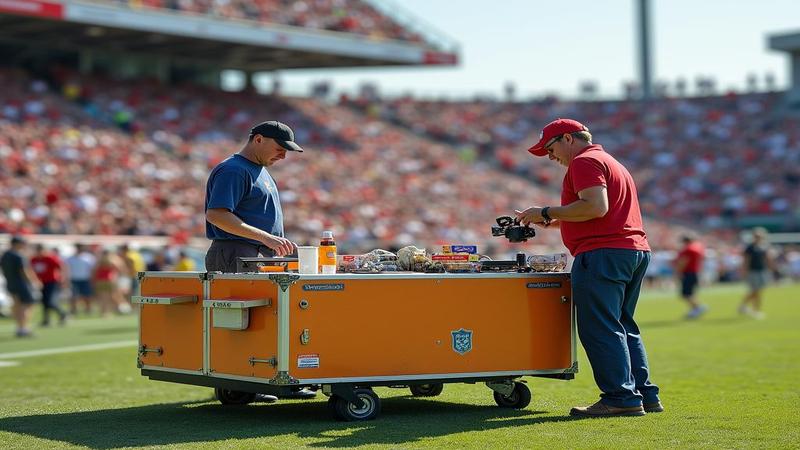 A tired announcer juggles timing clocks while a snack cart circles the field.