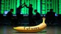 Traders high-five in front of glowing green tickers while a banana peel labeled “Futures” waits patiently on the floor.