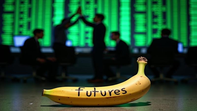 Traders high-five in front of glowing green tickers while a banana peel labeled “Futures” waits patiently on the floor.