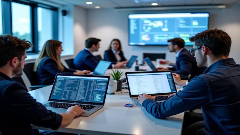 Tech reporters study a mock patch kit labeled Zero-Day Fix in a bright conference room