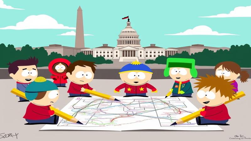 South Park kids assemble a plan against authoritarian whimsy using oversized pencils and a cardboard DC skyline.