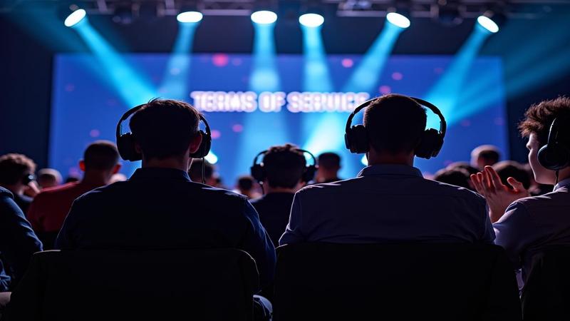Audience in branded headsets, clapping with latency, while a Terms of Service waterfall flows behind them.