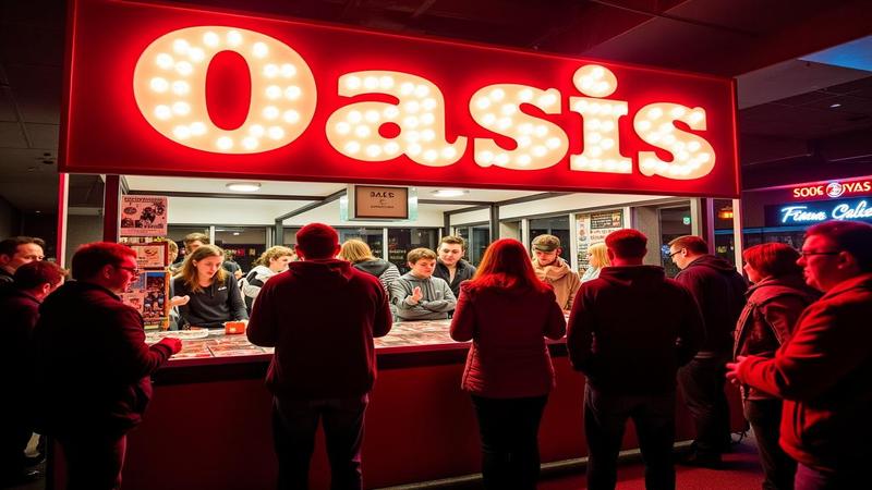 A retro merch booth glows backstage as fans line up for vintage Oasis memorabilia.