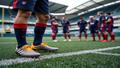 A lonely pair of cleats beside a taped sideline and an air cast, as trainers huddle over a tablet like NASA debating a scrub.