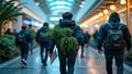 AI researchers in hoodies stride from glowing campuses carrying ferns, whiteboards, and a suspiciously sentient espresso machine with a badge.