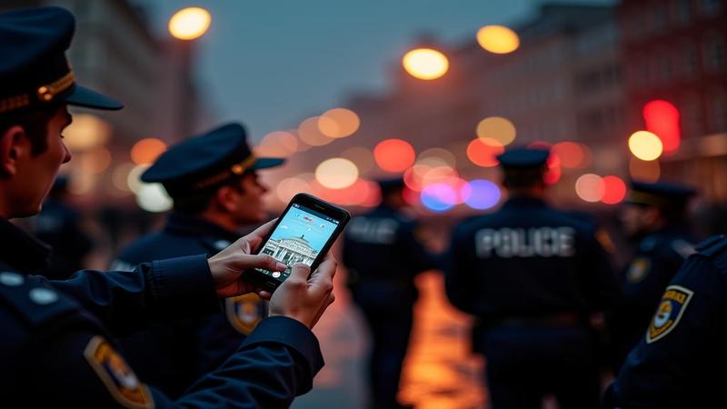 Hands clutch phones, flags, and takeaway tea; police jackets glow beneath damp streetlights, blurred by rain and headlines.