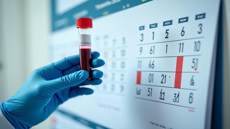 A gloved hand raises a blood vial as a wall calendar flips forward, implying detection years before symptoms in a bright clinical lab.