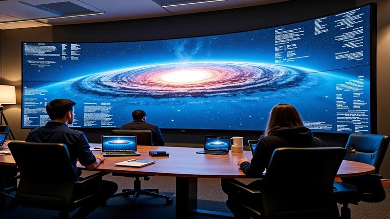 Office conference room dominated by a colossal ultrawide display, colleagues peering like astronomers at a galaxy of spreadsheets, Post-it notes orbiting the bezel, cable tangle coiling like a python.