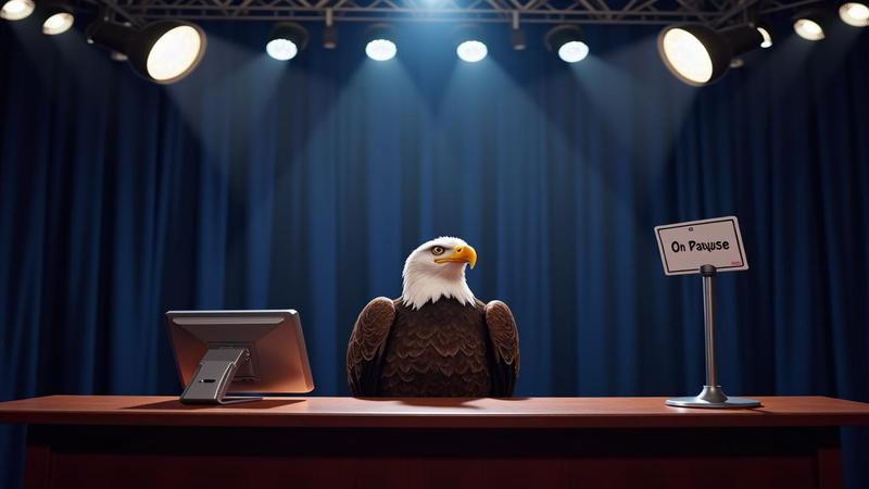 Empty late-night desk under stage lights, a blinking On Pause sign, and a worried bald eagle perched on a teleprompter.