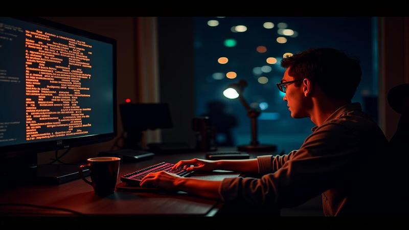 A frustrated player stares at a glowing Wordle grid as coffee cools, keyboard glow reflecting endless retries.