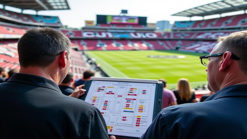 Fans study a coaching-tree map as the stadium hums with the lazy rhythm of a preseason Sunday.