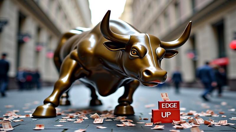 Wall Street’s bull statue on a tiny step stool labeled Edge Up while confetti of euro notes drifts like surrendering butterflies.