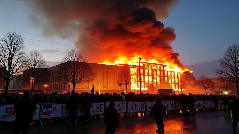 Charred regional parliament facade smoldering at dusk, firefighters silhouetted, hoses arcing, crowds watching behind barricades, banners drooping like wilted sentences.