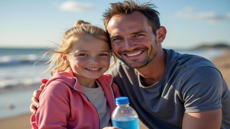 Accountability' as father and daughter share a smirk and a water bottle.