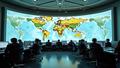 An austere briefing room where maps spiral into weather charts and policy documents flutter like endangered pigeons.
