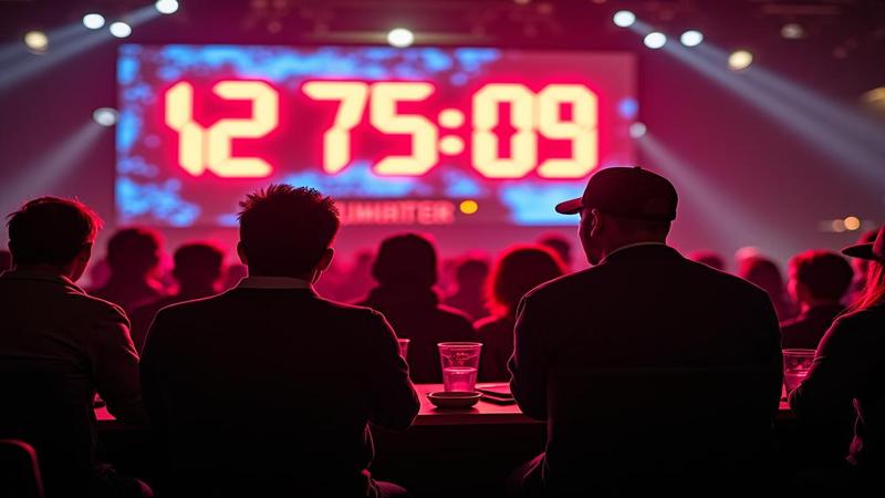Fans erupt as neon scoreboard measures tempo while coaches calmly sip coffee and pretend nothing is happening.