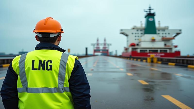 Dockworkers in fluorescent vests stare at an empty pier labeled ‘LNG,’ guarding absence like it’s hazardous material.