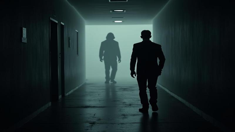 A lone gamer is shadowed by a looming stalker silhouette trailing through a dim hallway.