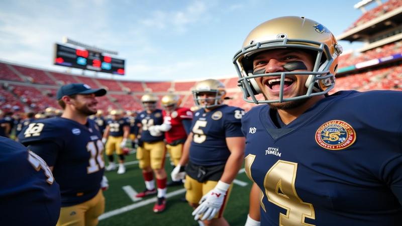Notre Dame sideline celebrating while a scoreboard blinks smugly, as USC fans contemplate distant horizons and second teams.