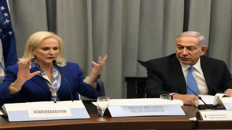 Netanyahu and Cindy McCain at a long table, microphones bristling, both gesturing at a dictionary while aides swap bottled water with media lanyards.
