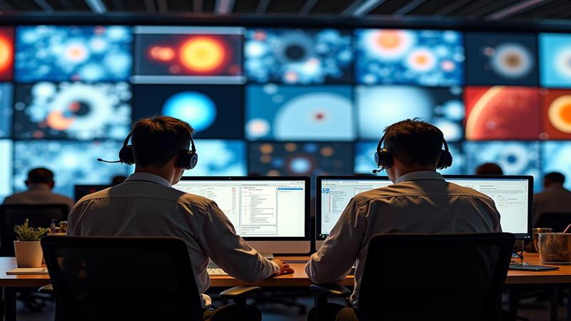 researchers in headsets, wall of monitors showing solar loops, coffee chaos, a hastily printed sign reading 'Do Not Stare At Star.'