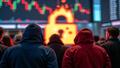 Investors in hoodies yawning on trading floor as a giant burning padlock chart trends upward behind them.
