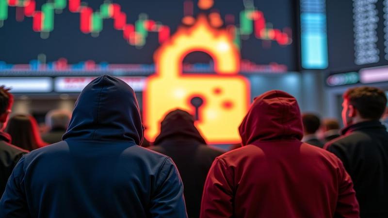Investors in hoodies yawning on trading floor as a giant burning padlock chart trends upward behind them.