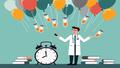 A clinician juggling labeled vials beside a ticking calendar while balloons of bureaucracy float overhead.