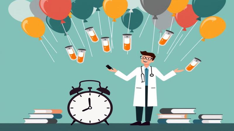 A clinician juggling labeled vials beside a ticking calendar while balloons of bureaucracy float overhead.