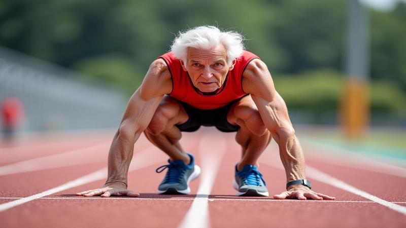 A determined 92-year-old sprinter crouches at the track start, legs braided with history and optimism.