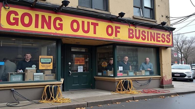 Storefront with 'Going Out Of Business' signage, dusty hubcaps, and a calculator stuck at $10,000,000,000, while employees coil extension cords like garlands.