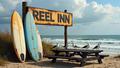 Ash-dusted surfboards lean on a charred sign reading 'Reel Inn' while gulls conduct an insurance seminar over blackened picnic tables.