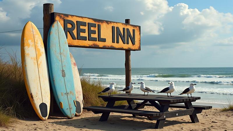 Ash-dusted surfboards lean on a charred sign reading 'Reel Inn' while gulls conduct an insurance seminar over blackened picnic tables.