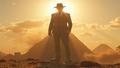 A dusty fedora silhouette looms over a giant Delete key as a pixel-boulder rolls, film grain scattering like sand from a collapsing temple of screenshots.