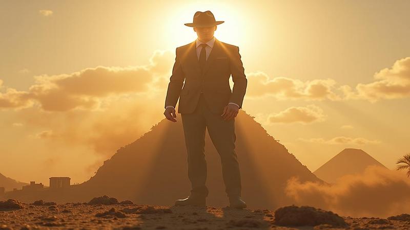 A dusty fedora silhouette looms over a giant Delete key as a pixel-boulder rolls, film grain scattering like sand from a collapsing temple of screenshots.