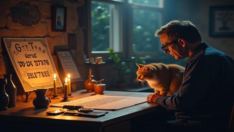 An economist in a dim office summons a chart with candles, a Ouija board, and a skeptical cat staring at a wobbly payroll line.
