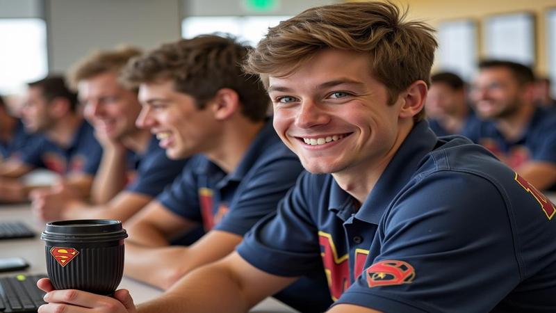 Jaxson Dart smiles with a coffee mug as teammates ponder life, liberty, and 'one of them ones' memes.