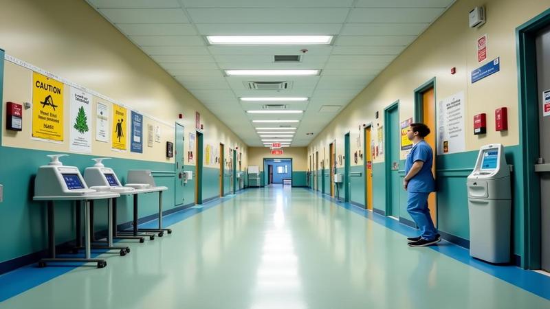 Empty school hallway with caution signs, hand sanitizer stations, and a lone nurse scanning health guidance under fluorescent lights.