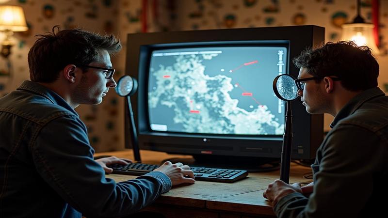 Fans with magnifying glasses dissecting a low-res screenshot on an ancient monitor, red string conspiracy board labeled 'Remake of a Remake?'