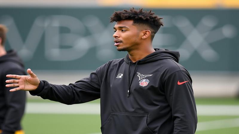 Justin Fields gesturing mid-sentence as Steelers defenders hover like storm clouds during a practice, chalkboard scribbles turning into labyrinthine arrows behind him.