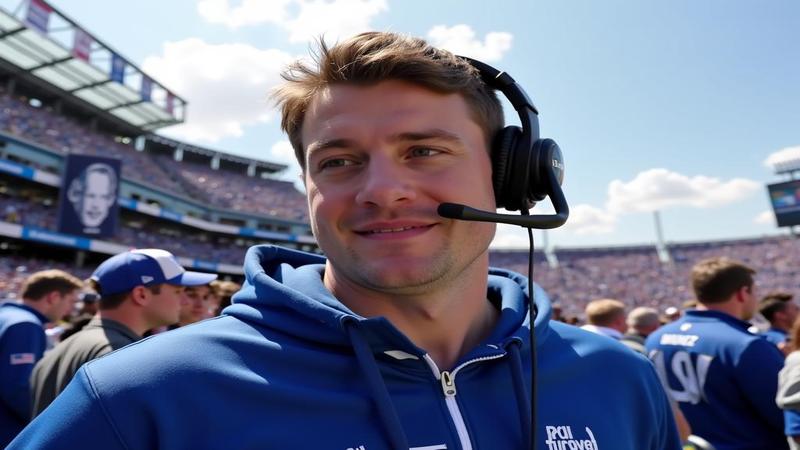 Side shot of Daniel Jones in a headset with Colts banners fluttering, while reporters scramble for quotes.