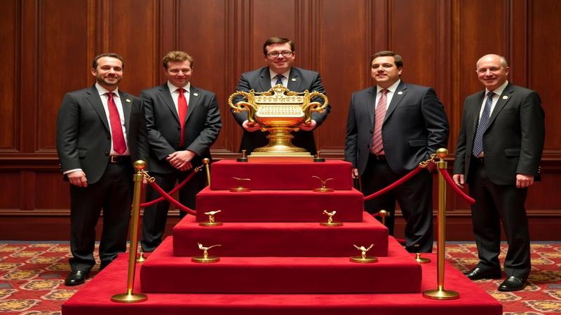 Velvet-roped podium, wallpapered in tax forms, golden calculator on a pedestal guarded by impeccably earnest interns.