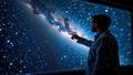 A researcher pointing at a sprawling star map, labels blurring like motion lines, as if the Milky Way has somewhere very urgent to be.